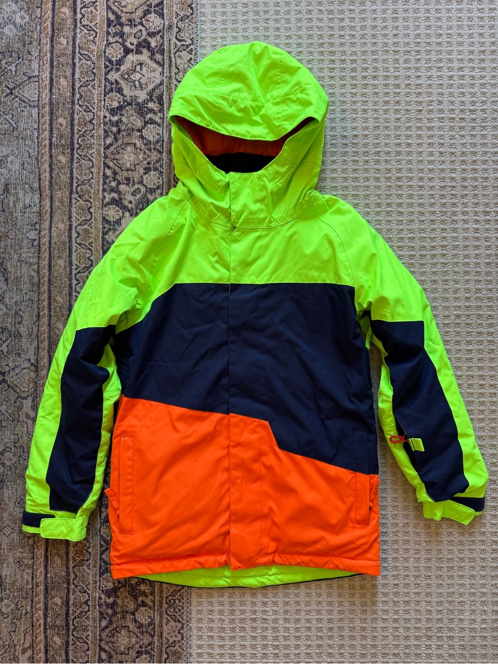 686 Kids Neon Green Navy Orange Colorblock Hooded Rain Jacket